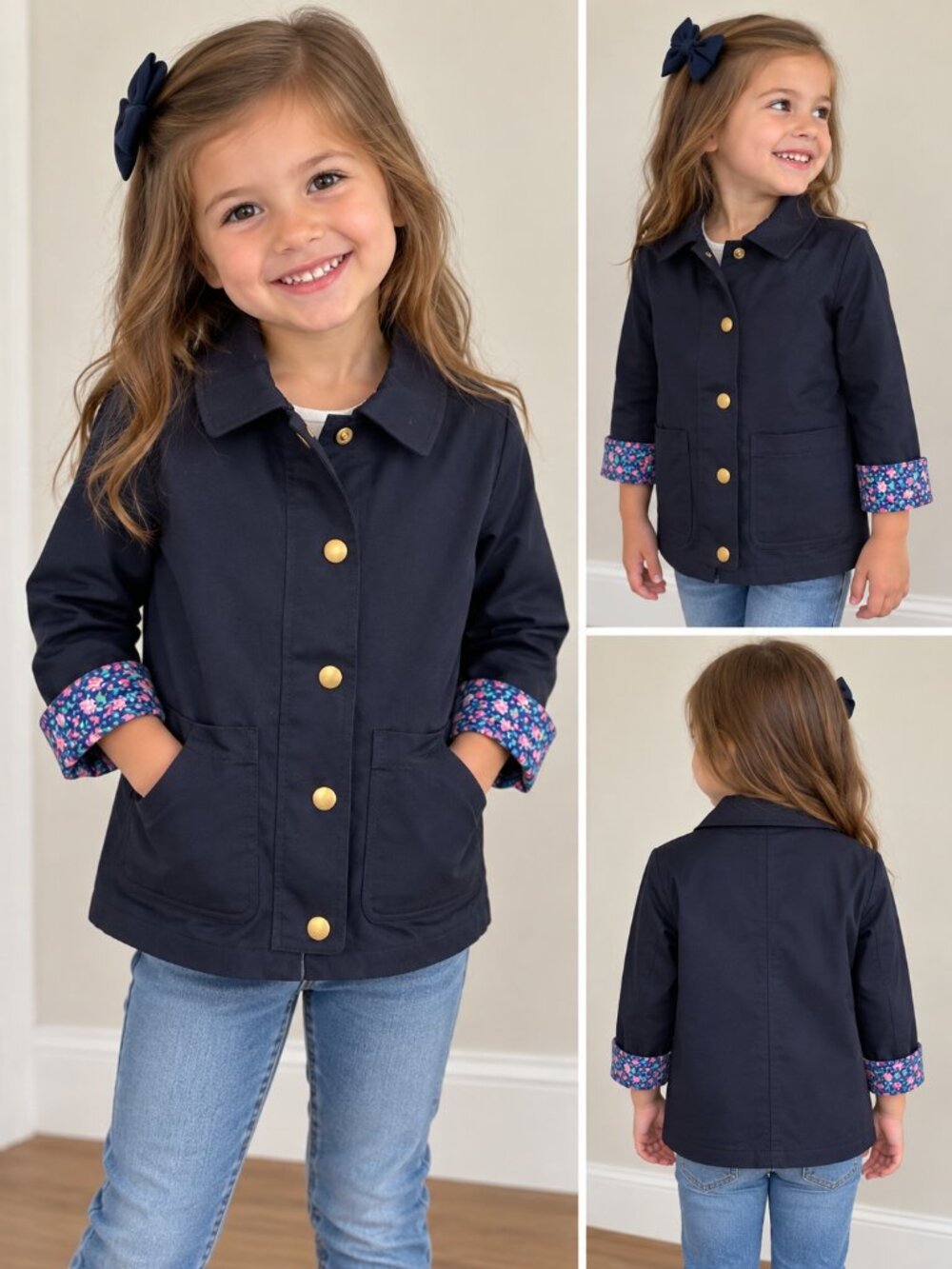 J.Crew Crewcuts Girls Navy Blue Jacket Size 4/5 NWT Condition Floral Cuffs